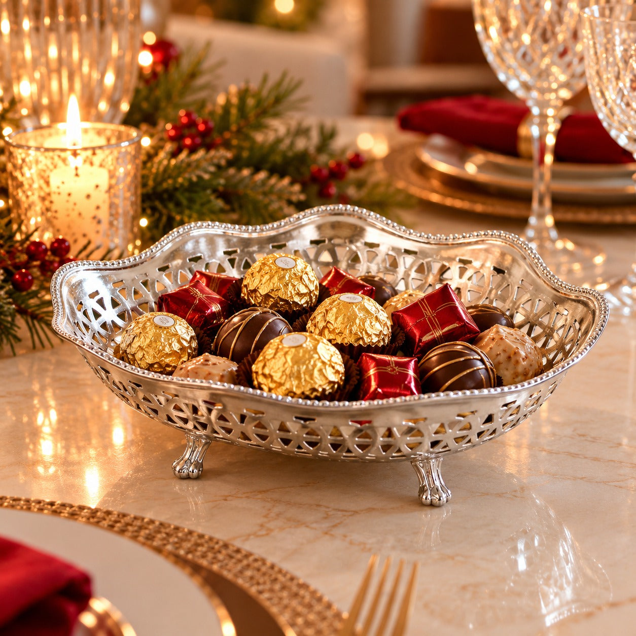 CHARM Silver Decorative Serving Tray – 22 cm